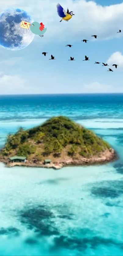 Tropical island with turquoise waters and birds under a dreamy sky.