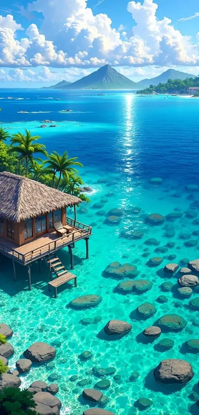 Serene tropical island with crystal waters and a thatched hut.