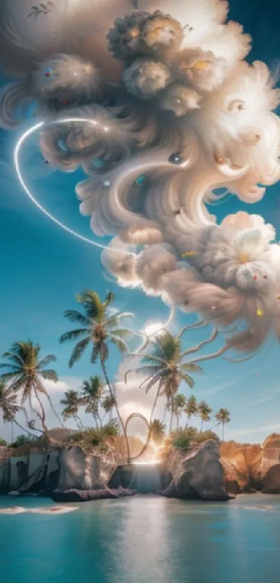 Fantasy art of a tropical island with dramatic clouds and ocean view.