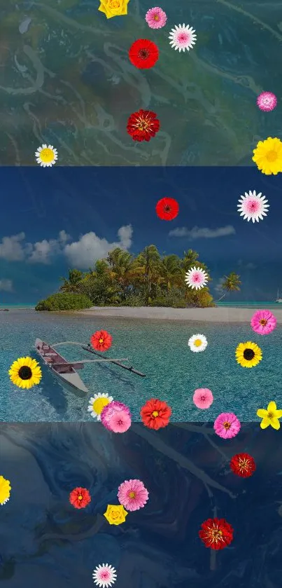 Tropical island with flowers and boat on a vibrant ocean background.