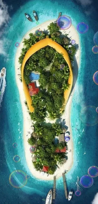 Tropical island shaped like a footprint in blue ocean.