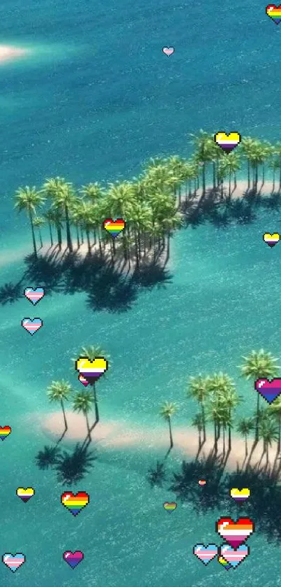 Heart-shaped island with palm trees and turquoise ocean.