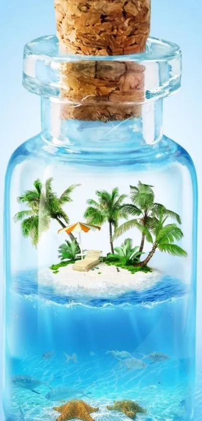 Tropical island with palm trees inside a glass bottle on a light blue background.