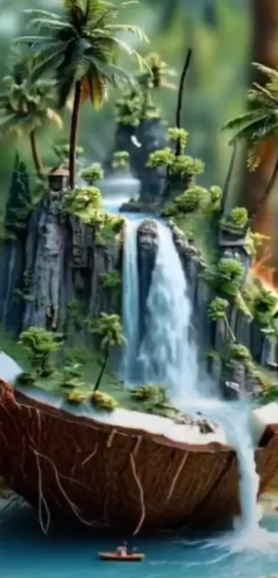 Whimsical tropical island with waterfall in a coconut.