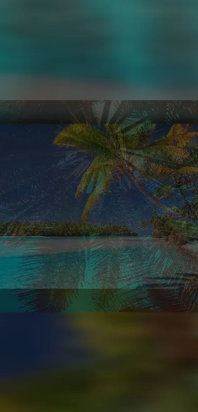 Tropical island night scene with palm trees and ocean view.