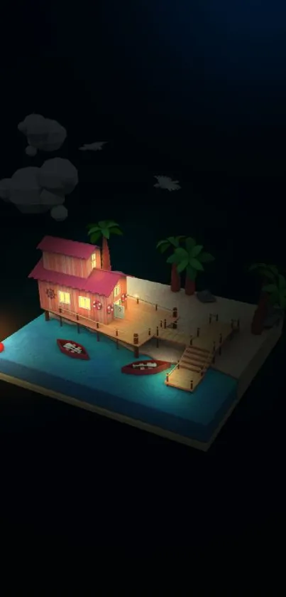 Tropical island at night with palm trees and a bungalow illuminated by warm lights.