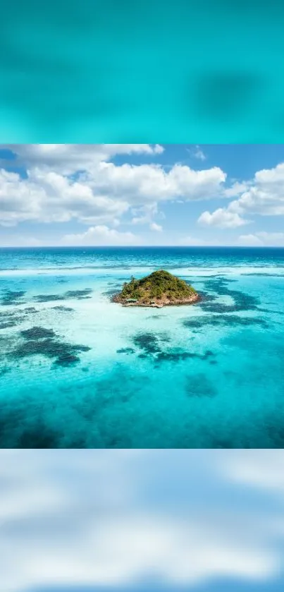 A small tropical island surrounded by turquoise ocean under a blue sky.