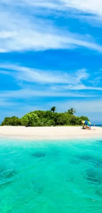 Tropical island with turquoise waters and a clear blue sky.