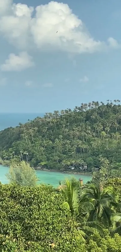 Tropical island with lush greenery and azure waters under a clear sky.