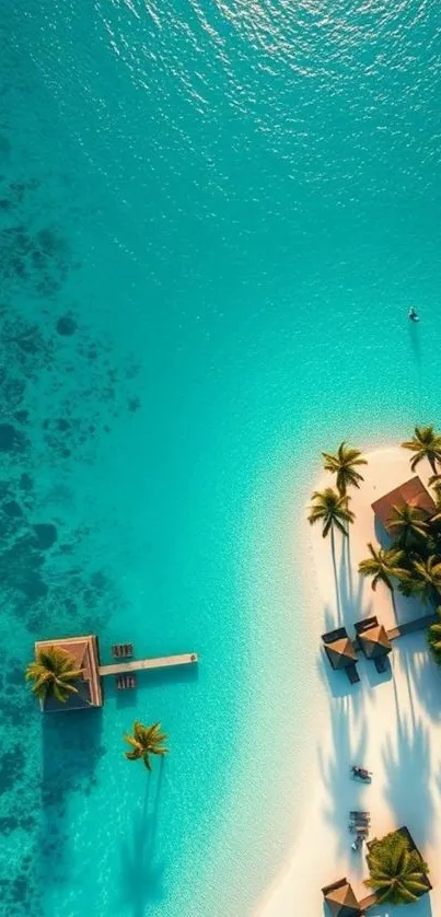 Aerial view of tropical island with turquoise waters and palm trees.