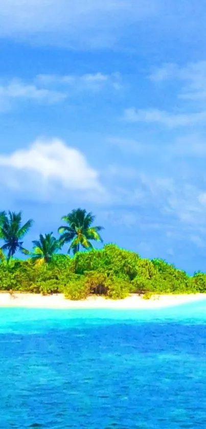 Tropical island with blue ocean and lush greenery under a clear sky.