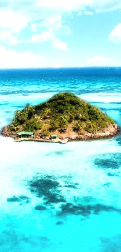 Aerial view of a tropical island surrounded by turquoise ocean waters.