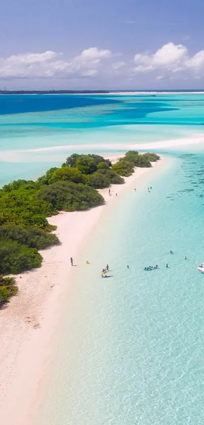 Aerial view of a tropical island with turquoise waters and a sandy beach.