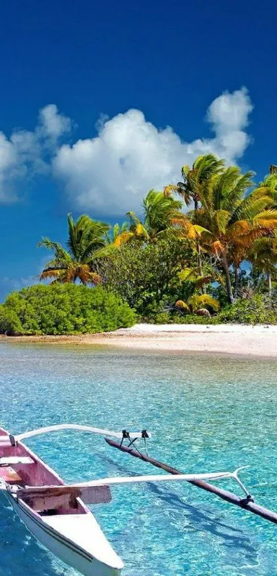 Tropical island with canoe on clear blue waters and palm trees.