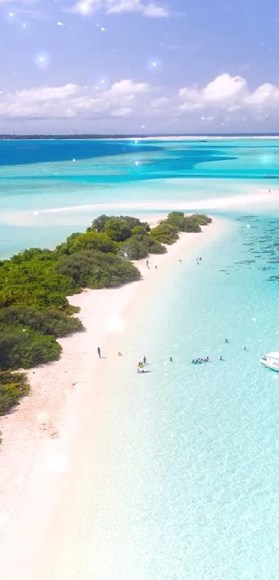 Aerial view of a tropical island with turquoise waters and white sandy beach.