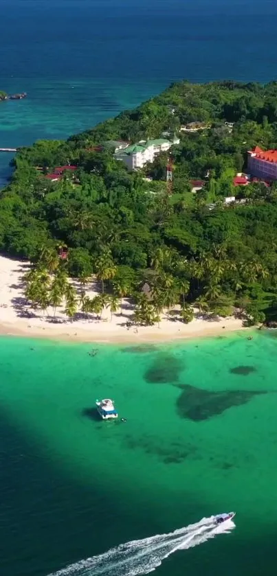 Aerial view of tropical island with turquoise water and sandy beach.