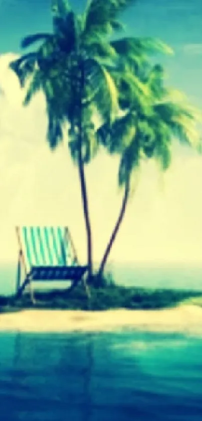 Tropical island with palm trees and beach chair on a serene ocean backdrop.