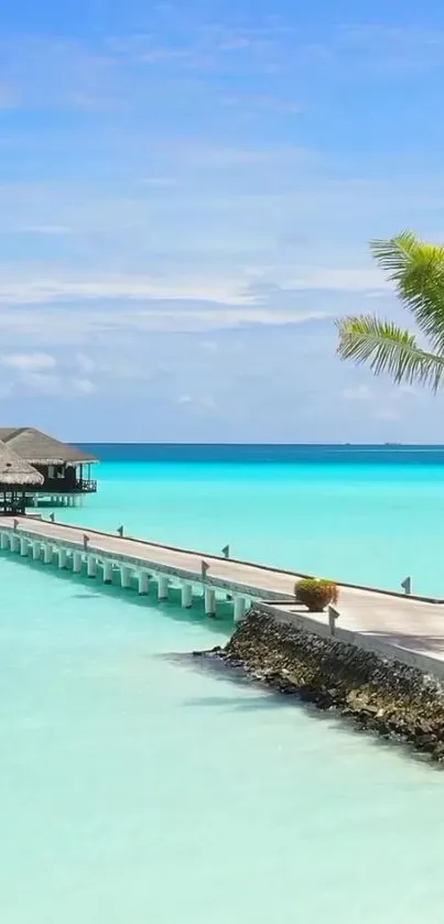 Tropical island paradise with palm trees and blue ocean.