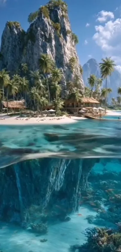 Tropical island with clear blue water and lush greenery.