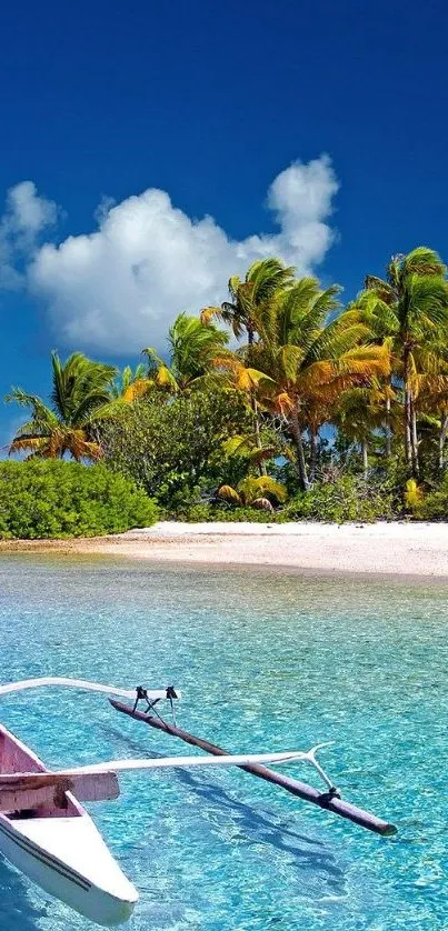 Tropical island with clear water and palm trees under a blue sky.