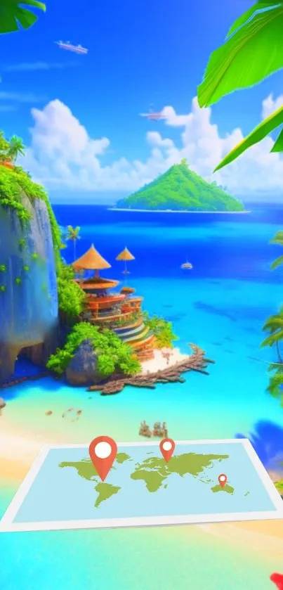 Tropical island paradise with azure ocean and lush greenery landscape.
