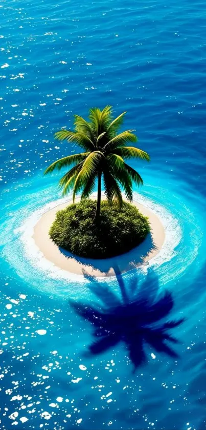 A small tropical island with palm trees surrounded by blue ocean.