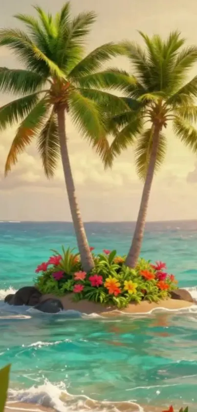 Tropical island with palm trees and flowers on a sunny beach.