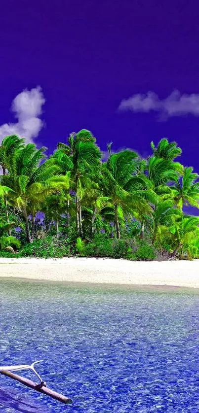 A vibrant tropical island with lush palms and calm ocean waters.