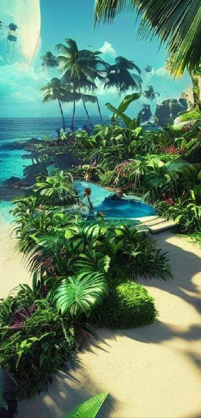 Tropical island wallpaper with ocean and palm trees.