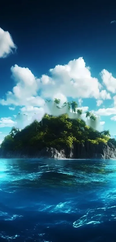 Tropical island with lush greenery, ocean, and blue sky wallpaper.