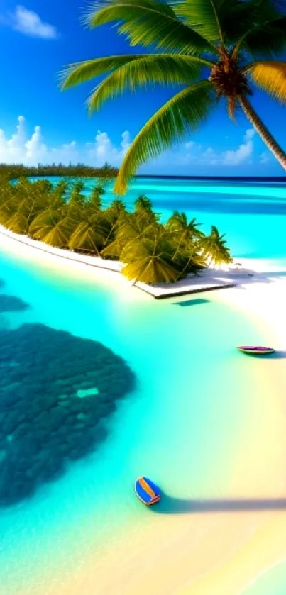 Vibrant tropical island with palm trees and turquoise ocean for mobile wallpaper.