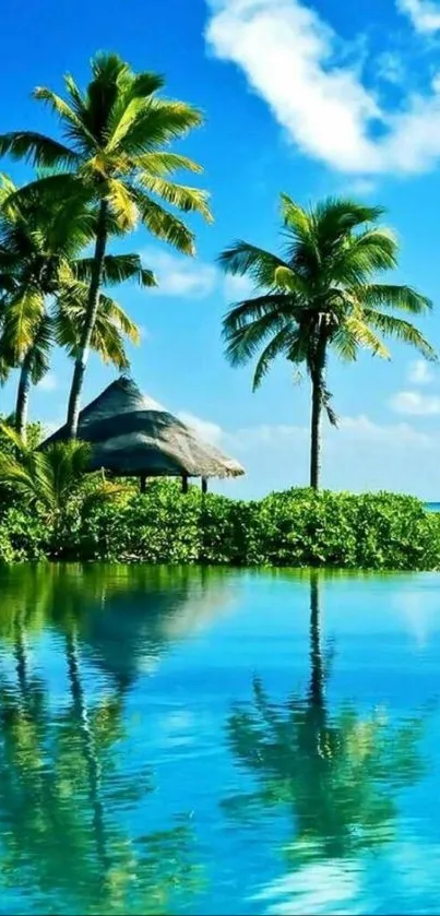 Tropical island with palm trees and azure blue waters.