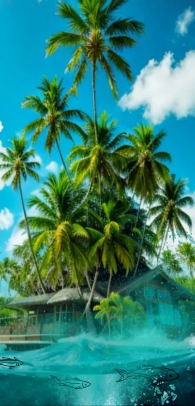 Tropical island with palm trees and ocean waves under a blue sky.