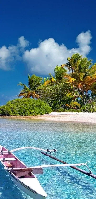 Tropical island wallpaper with boat, palm trees, and blue ocean.