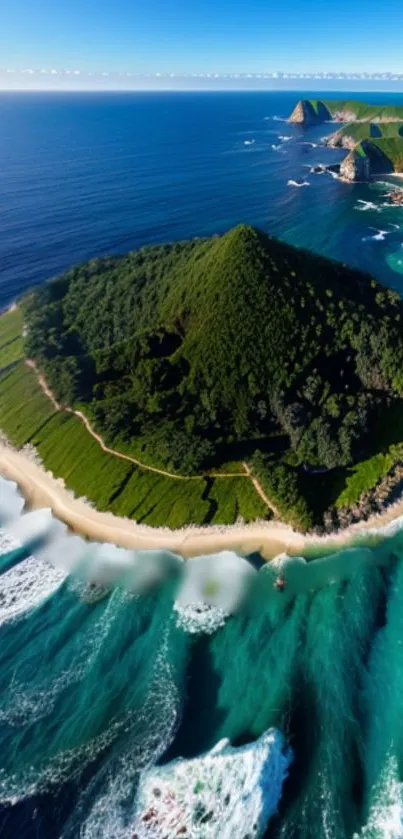 Tropical island with lush greenery surrounded by blue ocean waves.