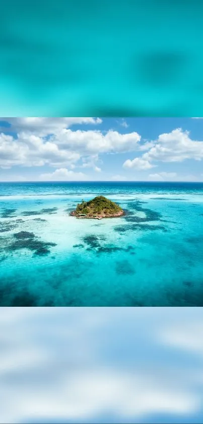 A small tropical island surrounded by turquoise ocean under a clear blue sky.