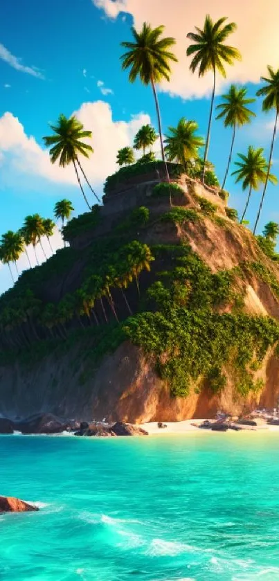 Tropical island with palm trees and turquoise waters under a vibrant sky.