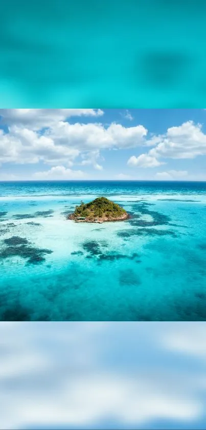 Tropical island with teal waters under a bright sky.