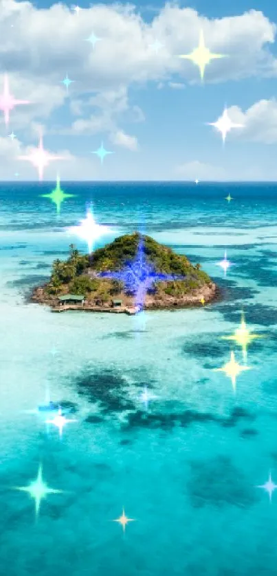 Aerial view of tropical island with turquoise waters and cloudy sky.