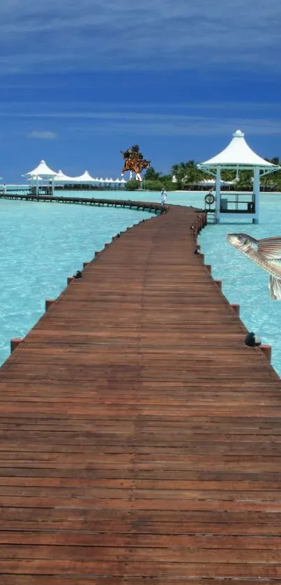 Tropical island pier with turquoise waters and clear blue sky.