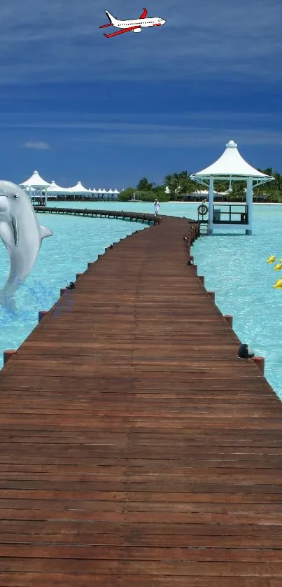 Tropical island pier with dolphin under blue sky.