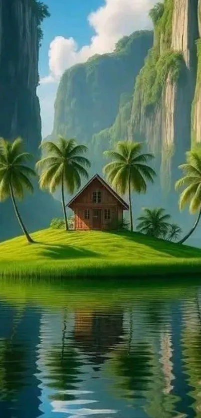Tropical island with palm trees and a cabin surrounded by water.