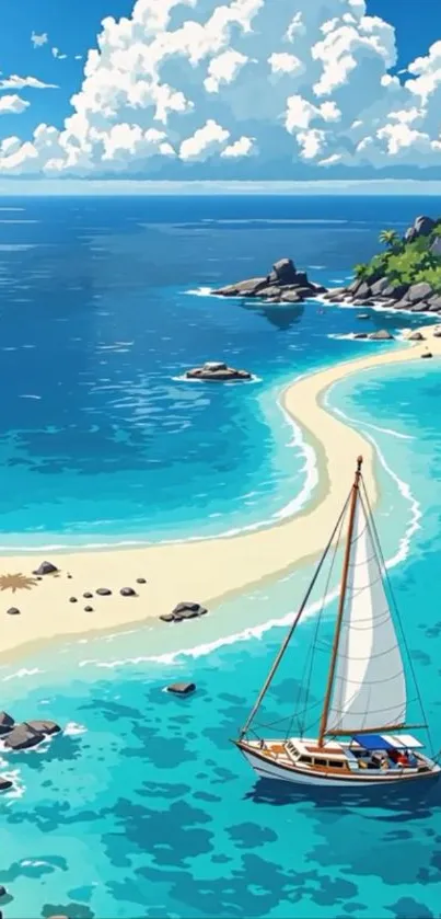 Sailboat drifting near a tropical island with blue waters and clear skies.