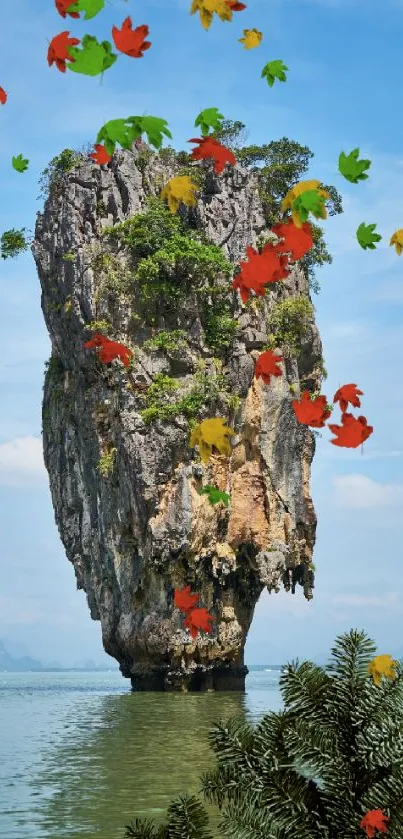 Tropical island with limestone rock and lush greenery in a blue sea.