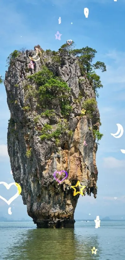 Limestone island rising from clear waters under a vibrant blue sky.