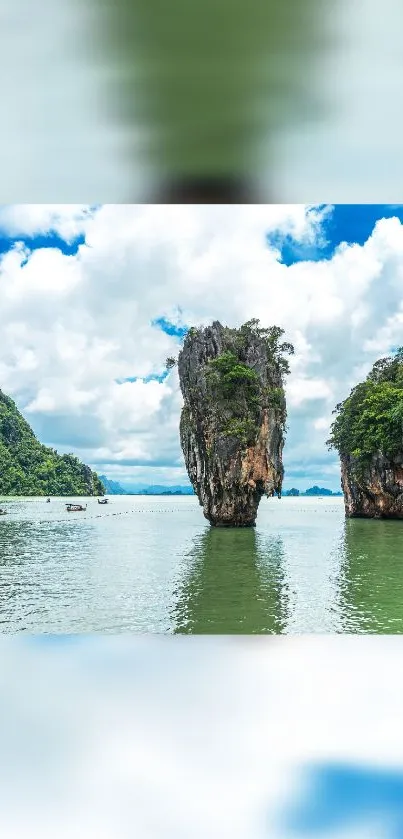 Scenic tropical island with lush greenery and calm waters under a blue sky.