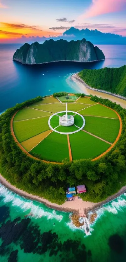 Tropical island with a wind turbine at sunset surrounded by ocean and lush greenery.