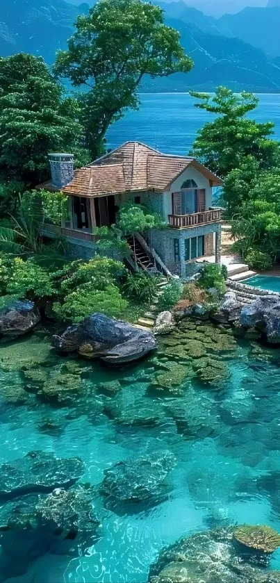 Serene tropical island house with lush greenery and blue waters.