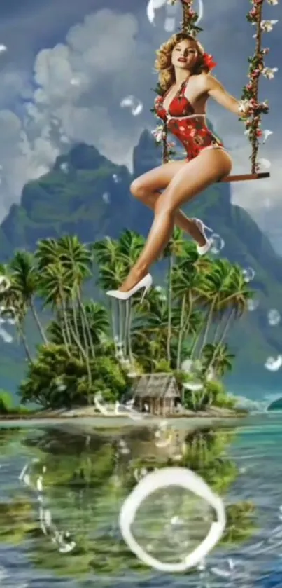 Woman in red swimsuit on swing over tropical island.