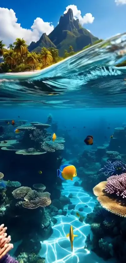 Tropical island and underwater coral reef scene with vibrant fish.